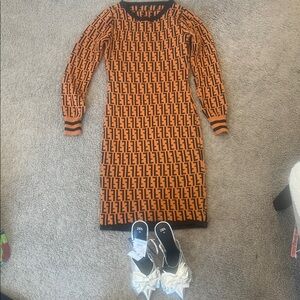 Orange Patterned Long-Sleeve Knit Dress
